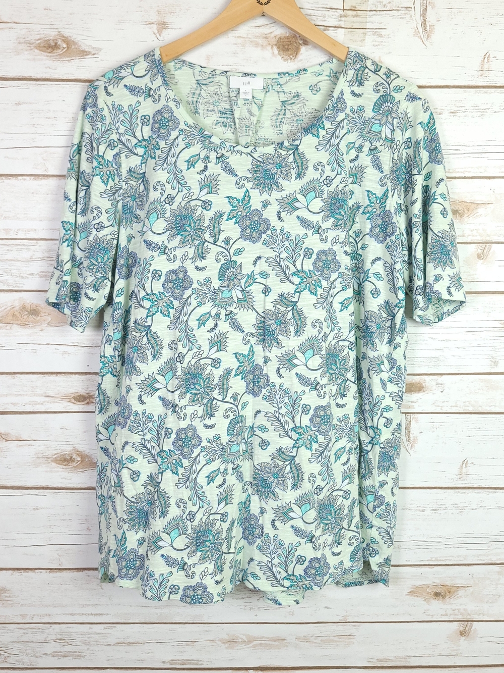 J. Jill Mint Teal Floral V-Neck Short Sleeve Large Top